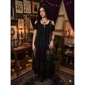VTG Y2K Krush Goth Whimsygoth Cold Shoulder Top Women L Black Lace Up Front
